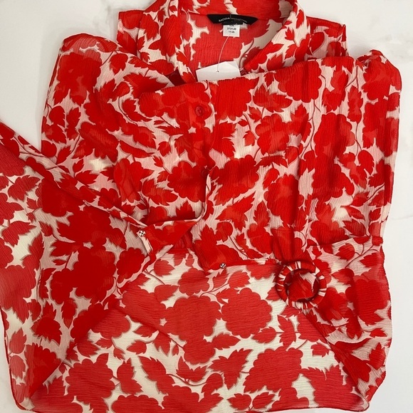 NEW Moda International Silk Red Floral Sleeveless Button Front Tie Waist Blouse‎ - Picture 6 of 7